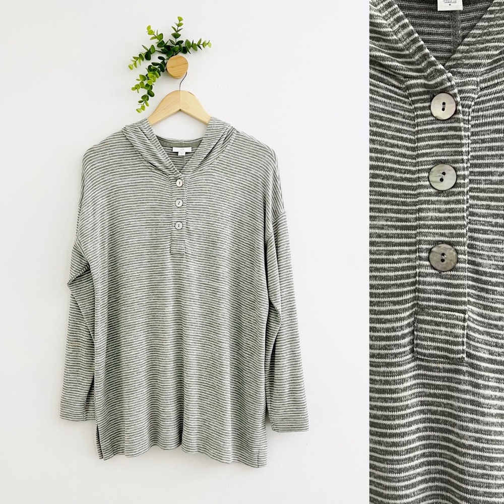J Jill Gray Striped Hooded Lagenlook Pullover Sweater